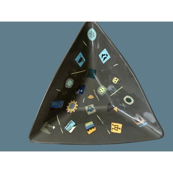 Other - Triangular Gray Ceramic Dish Bowl Abstract Images Marked